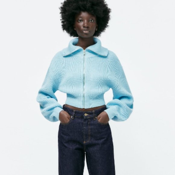 Zara Blue Balloon Sleeve Knit Cardigan - Picture 1 of 9